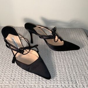 Manolo Blahnik Black Satin Mules